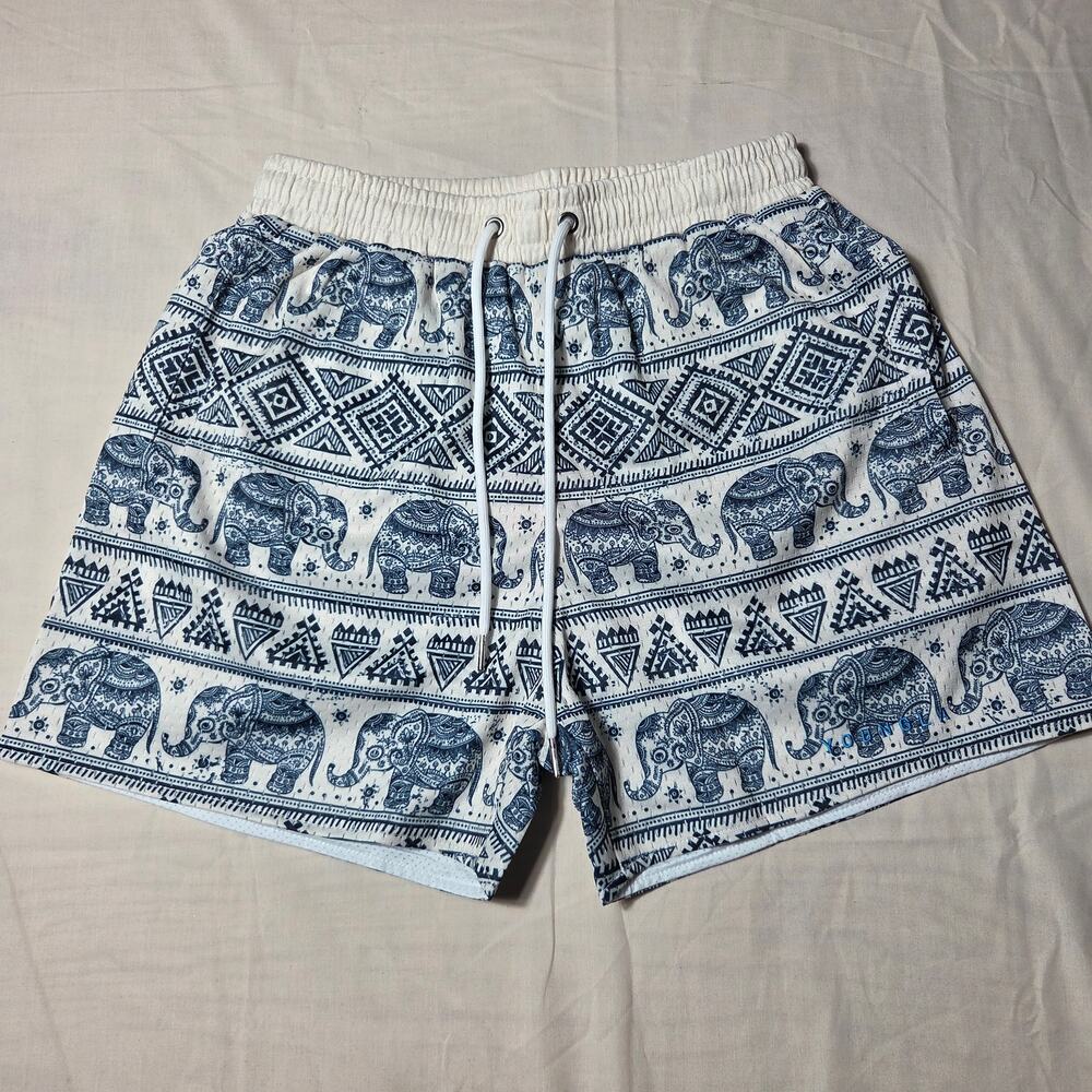 YoungLA 150 After Party Mesh Shorts Tribal Elephant Ivory Navy - Size Medium NWT